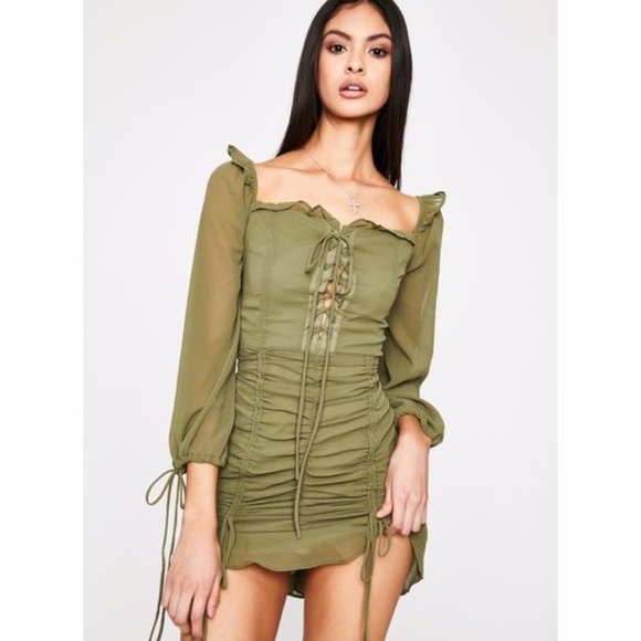 Army Green Elf Ruched Club Mini dress Y2K - Picture 2 of 4